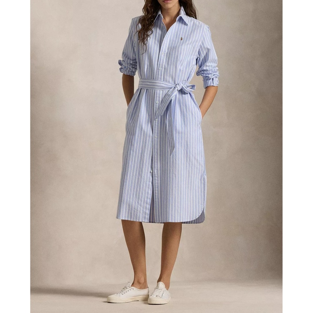 Polo Ralph Lauren Women Blue Belted Cotton Oxford Shirtdress Size 10